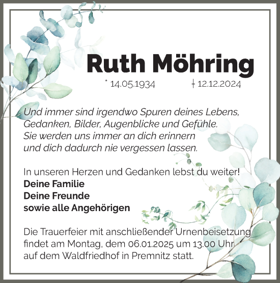 Traueranzeige von Ruth Möhring von Märkische Oderzeitung