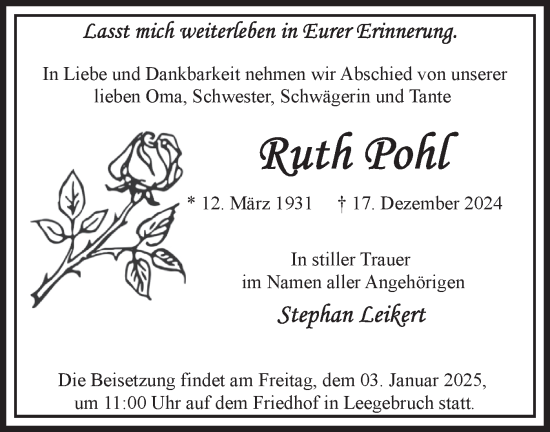 Traueranzeige von Ruth Pohl von Märkische Oderzeitung