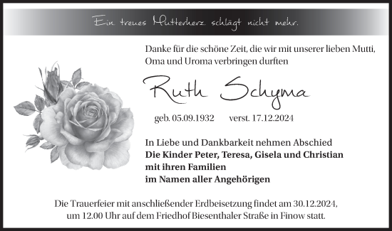 Traueranzeige von Ruth Schyma von Märkische Oderzeitung