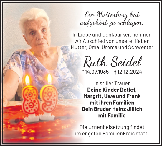 Traueranzeige von Ruth Seidel von Märkische Oderzeitung