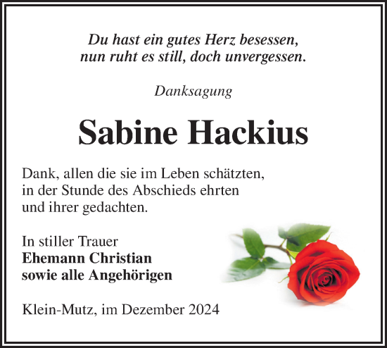 Traueranzeige von Sabine Hackius von Märkische Oderzeitung