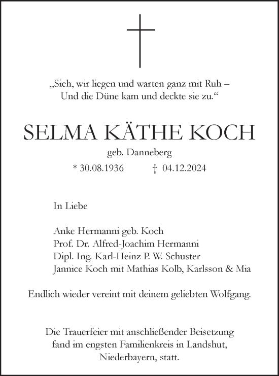 Traueranzeige von Selma Käthe Koch von Märkische Oderzeitung