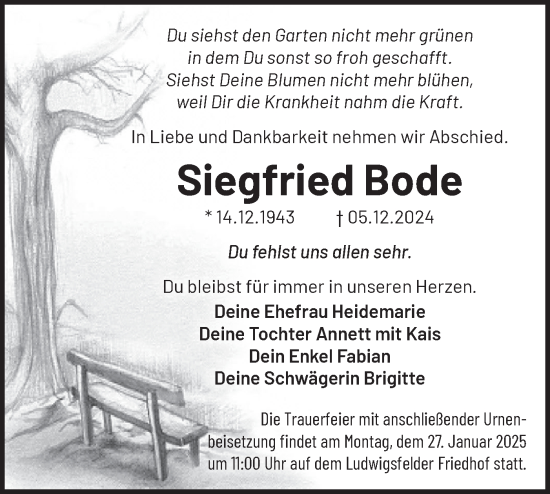 Traueranzeige von Siegfried Bode von Märkische Oderzeitung