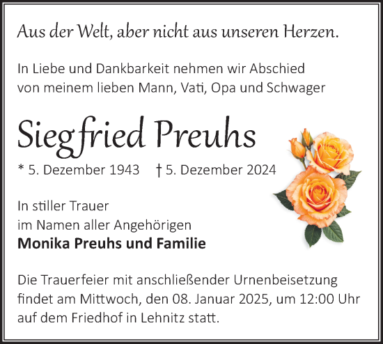 Traueranzeige von Siegfried Preuhs von Märkische Oderzeitung