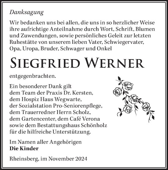 Traueranzeige von Siegfried Werner von Märkische Oderzeitung