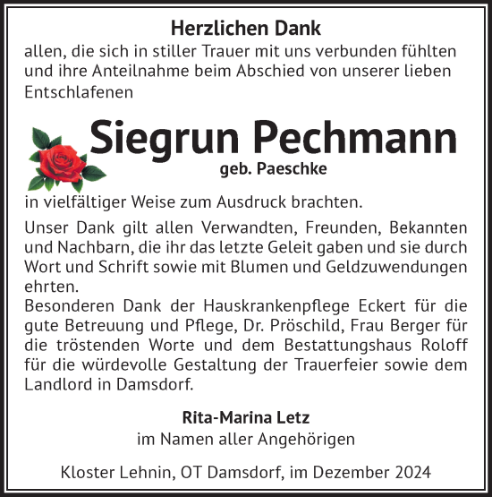 Traueranzeige von Siegrun Pechmann von Märkische Oderzeitung