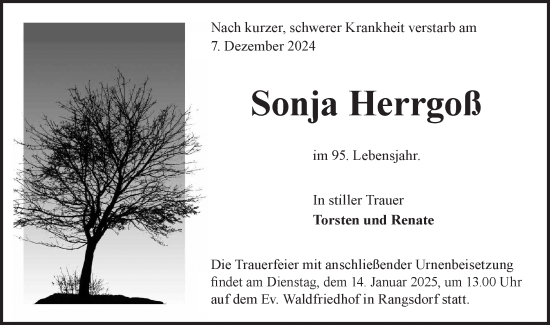 Traueranzeige von Sonja Herrgoß von Märkische Oderzeitung