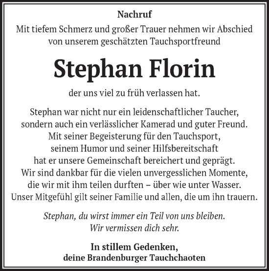 Traueranzeige von Stephan Florin von Märkische Oderzeitung