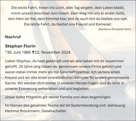 Traueranzeige von Stephan Florin von Märkische Oderzeitung