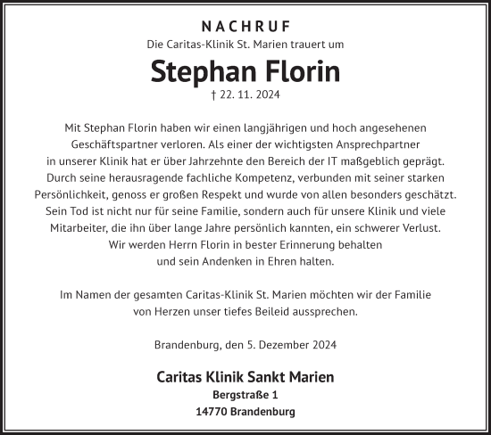 Traueranzeige von Stephan Florin von Märkische Oderzeitung