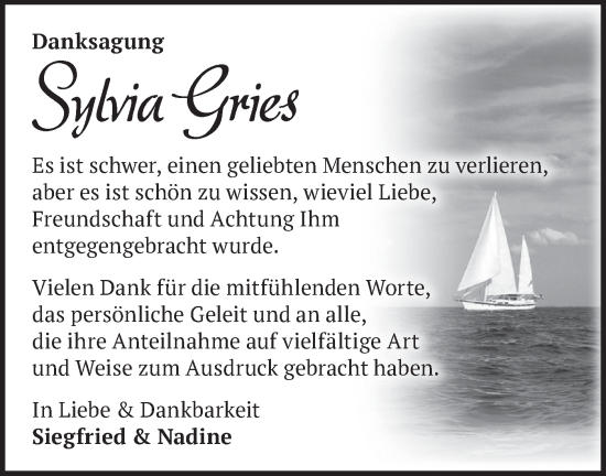 Traueranzeige von Sylvia Gries von Märkische Oderzeitung