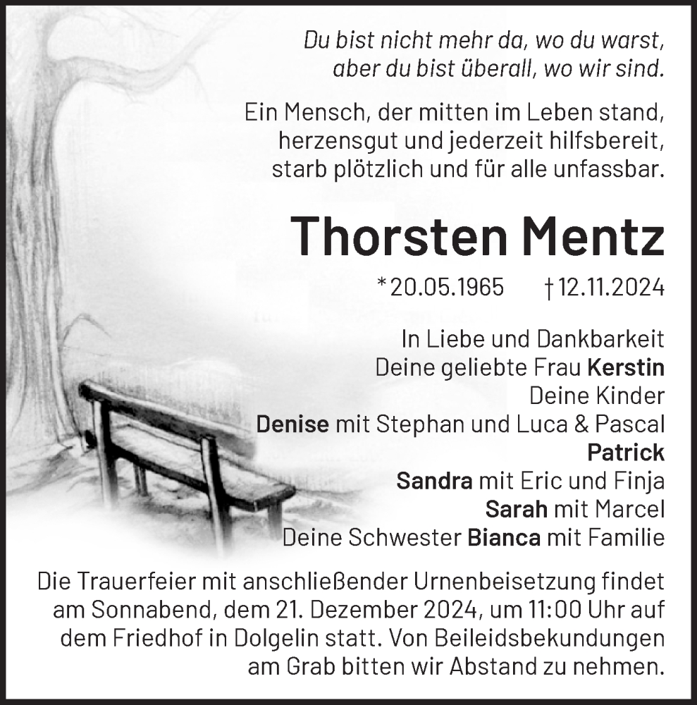  Traueranzeige für Thorsten Mentz vom 14.12.2024 aus Märkische Oderzeitung