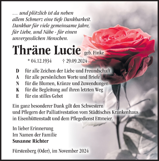 Traueranzeige von Thräne Lucie von Märkische Oderzeitung