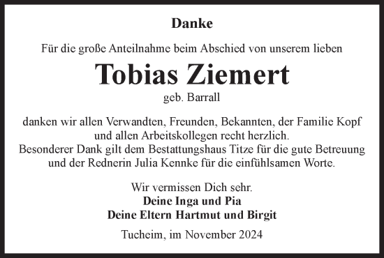 Traueranzeige von Tobias Ziemert von Märkische Oderzeitung