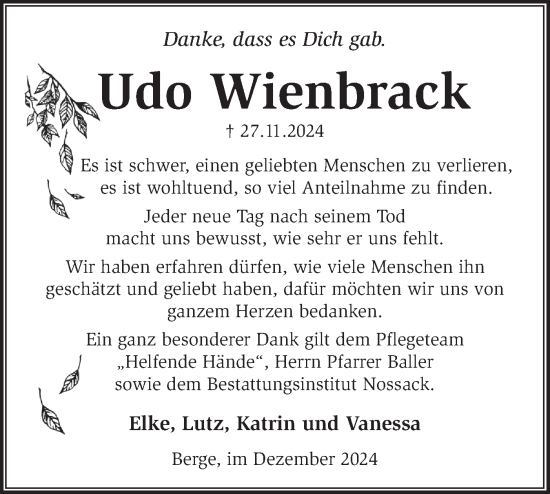 Traueranzeige von Udo Wienbrack von Märkische Oderzeitung