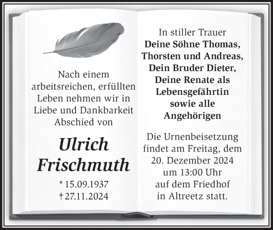 Traueranzeige von Ulrich Frischmuth von Märkische Oderzeitung