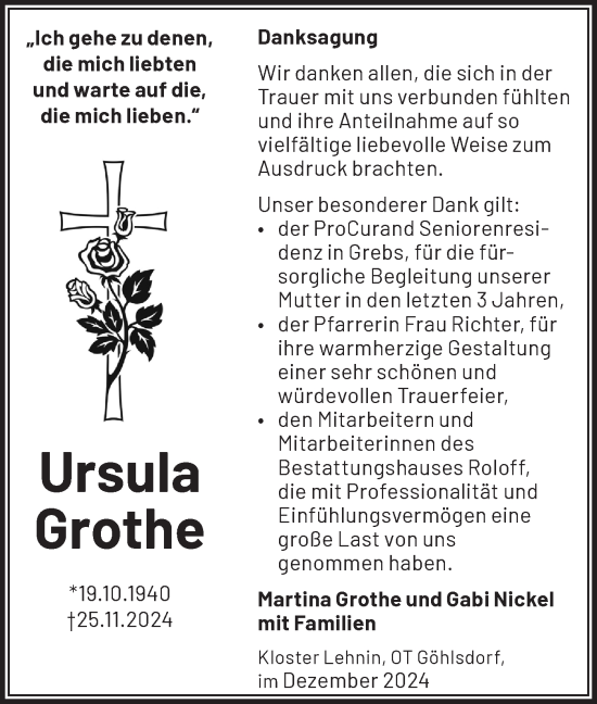 Traueranzeige von Ursula Grothe von Märkische Oderzeitung