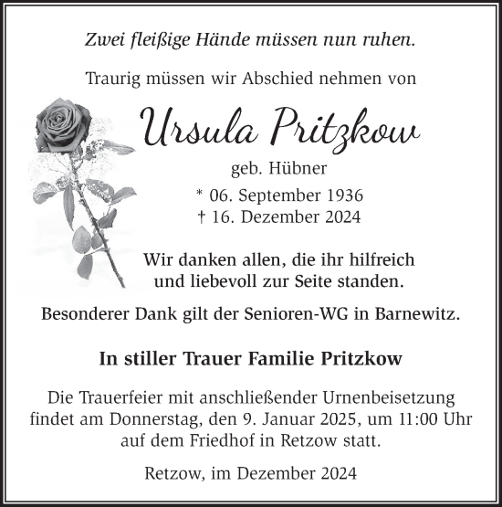 Traueranzeige von Ursula Pritzkow von Märkische Oderzeitung