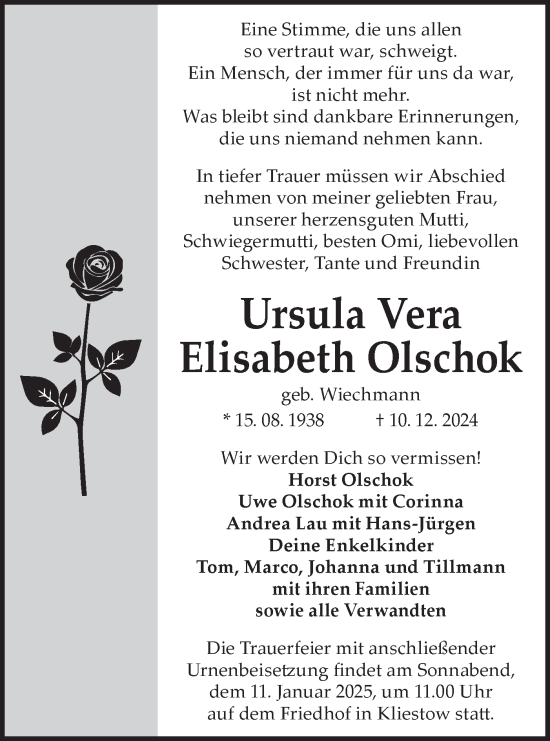 Traueranzeige von Ursula Vera Elisabeth Olschok von Märkische Oderzeitung