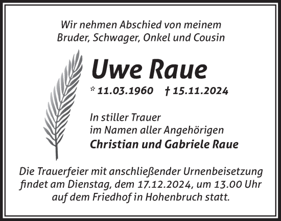 Traueranzeige von Uwe Raue von Märkische Oderzeitung