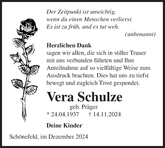 Traueranzeige von Vera Schulze von Märkische Oderzeitung