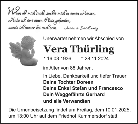 Traueranzeige von Vera Thürling von Märkische Oderzeitung