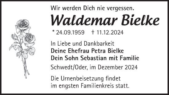 Traueranzeige von Waldemar Bielke von Märkische Oderzeitung