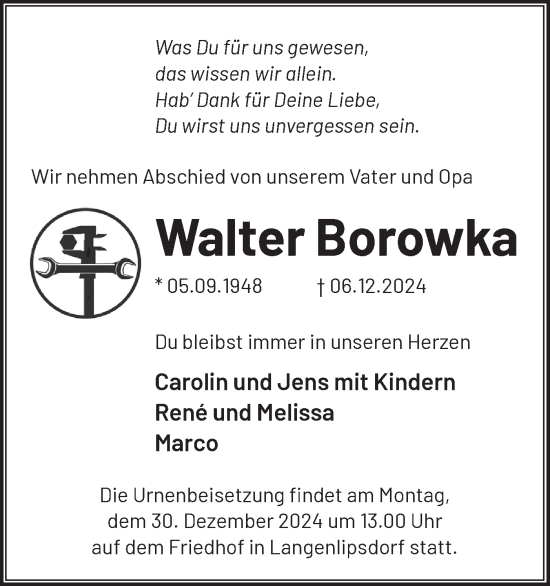 Traueranzeige von Walter Borowka von Märkische Oderzeitung