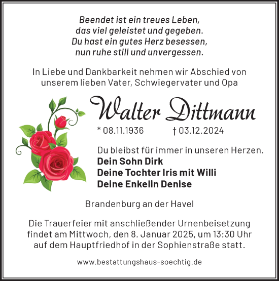 Traueranzeige von Walter Dittmann von Märkische Oderzeitung