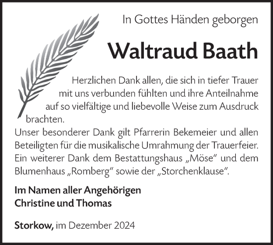 Traueranzeige von Waltraud Baath von Märkische Oderzeitung