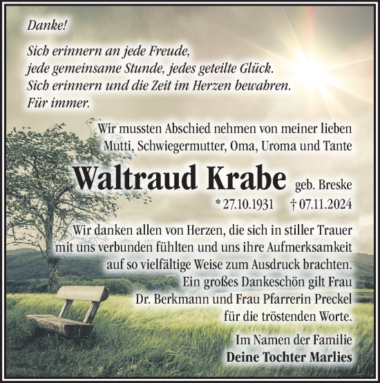 Traueranzeige von Waltraud Krabe von Märkische Oderzeitung