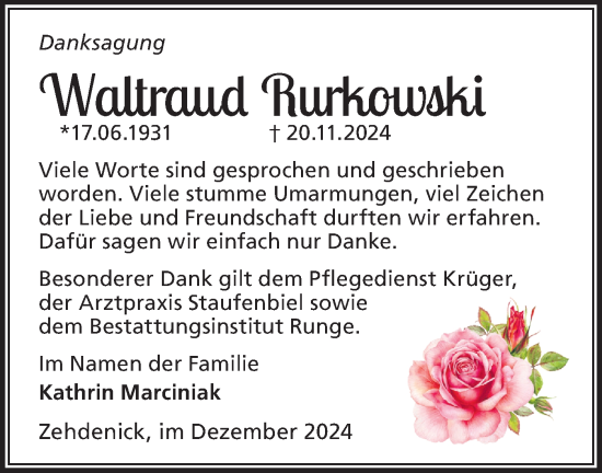 Traueranzeige von Waltraud Rurkowski von Märkische Oderzeitung