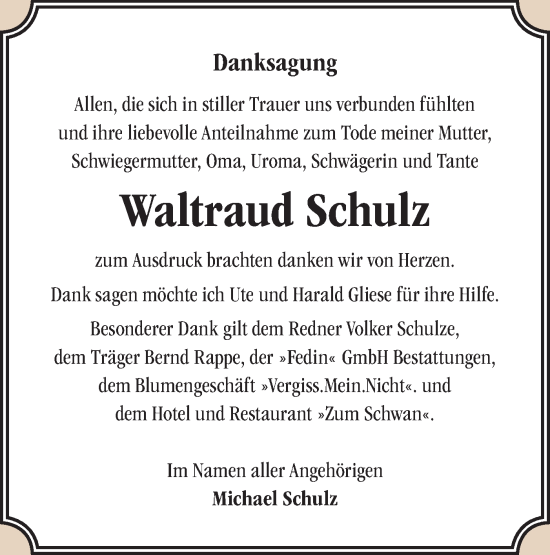 Traueranzeige von Waltraud Schulz von Märkische Oderzeitung