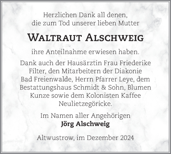 Traueranzeige von Waltraut Alschweig von Märkische Oderzeitung