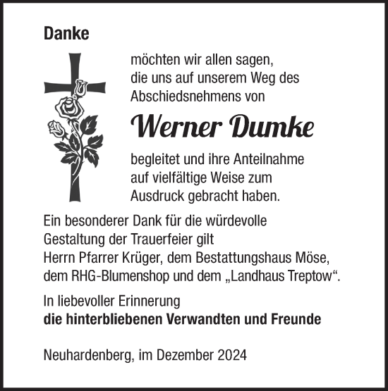 Traueranzeige von Werner Dumke von Märkische Oderzeitung