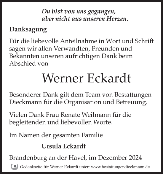 Traueranzeige von Werner Eckardt von Märkische Oderzeitung