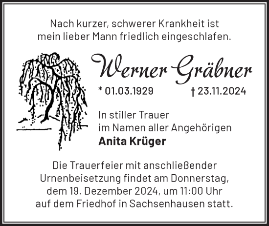 Traueranzeige von Werner Gräbner von Märkische Oderzeitung