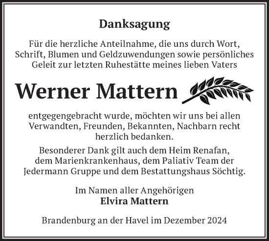 Traueranzeige von Werner Mattern von Märkische Oderzeitung