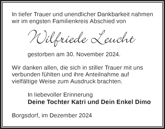 Traueranzeige von Wilfriede Leucht von Märkische Oderzeitung