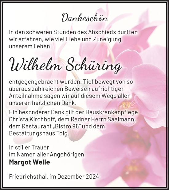 Traueranzeige von Wilhelm Schüring von Märkische Oderzeitung