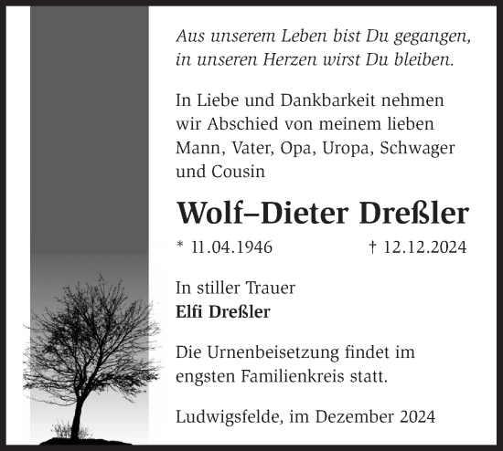 Traueranzeige von Wolf-Dieter Dreßler von Märkische Oderzeitung