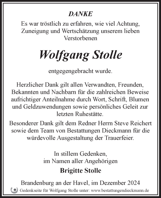 Traueranzeige von Wolfgang Stolle von Märkische Oderzeitung