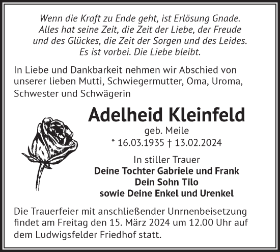 Traueranzeige von Adelheid Kleinfeld von Märkische Oderzeitung