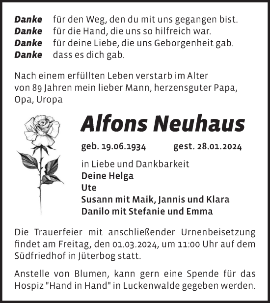Traueranzeige von Alfons Neuhaus von Märkische Oderzeitung