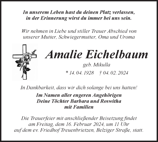 Traueranzeige von Amalie Eichelbaum von Märkische Oderzeitung