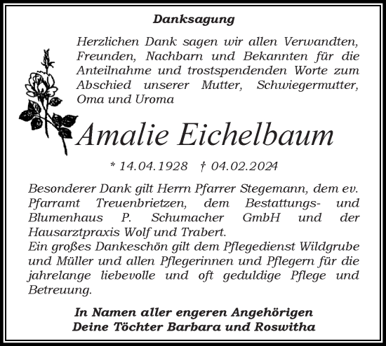 Traueranzeige von Amalie Eichelbaum von Märkische Oderzeitung