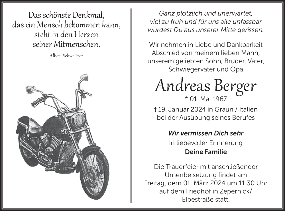  Traueranzeige für Andreas Berger vom 10.02.2024 aus Märkische Oderzeitung