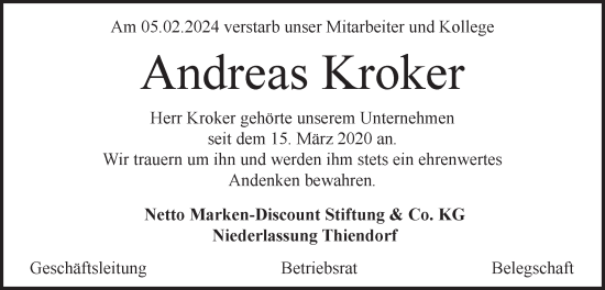 Traueranzeige von Andreas Kroker von Märkische Oderzeitung