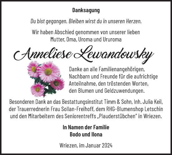 Traueranzeige von Anneliese Lewandowsky von Märkische Oderzeitung