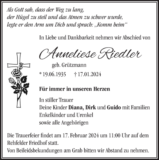 Traueranzeige von Anneliese Riedler von Märkische Oderzeitung